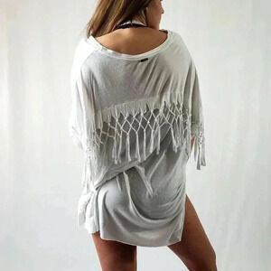 Skemo Oversized Beach Cover Up Fringe White - M